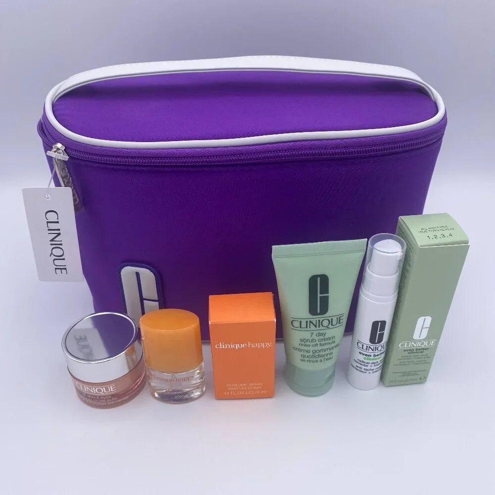 Clinique Beauty Set-Dark Purple Pouch,Face Scrub,Eye Cream&SpotCorrector-5pc-NEW